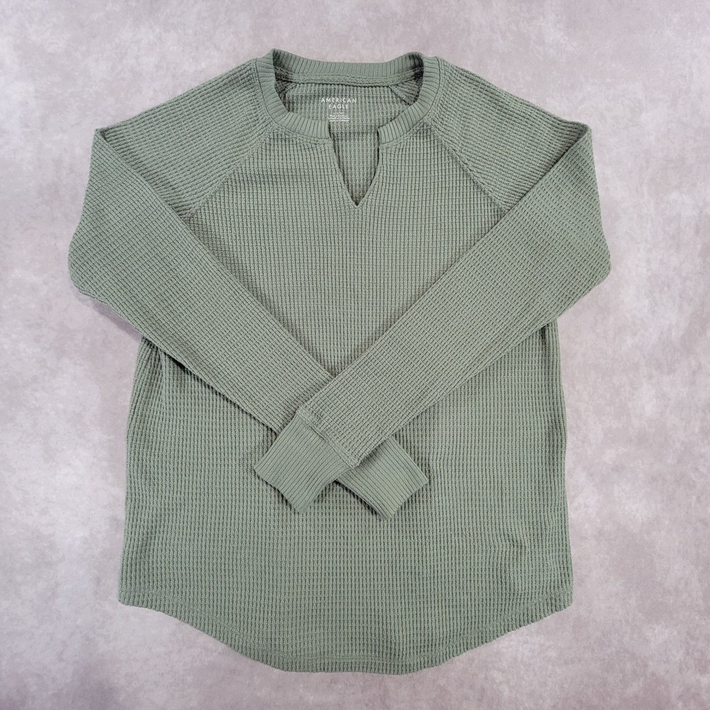 American Eagle Women Sage Green Waffle Knit Split Neck Long Sleeve Top Small